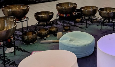 Sound bath meditation with traditional hand made Himalayan bowls at Studio East in Kirkland, WA